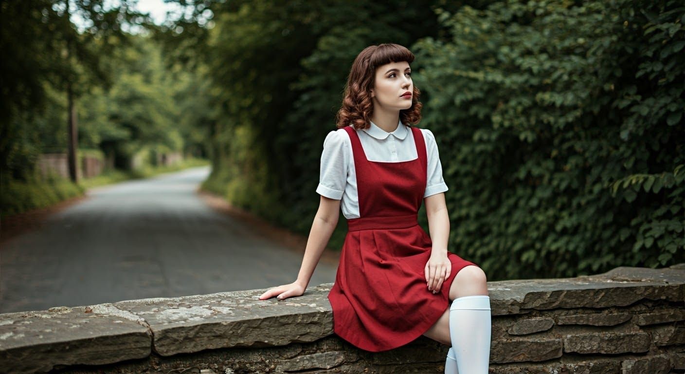Young Woman in Vintage Dress on Country Road
