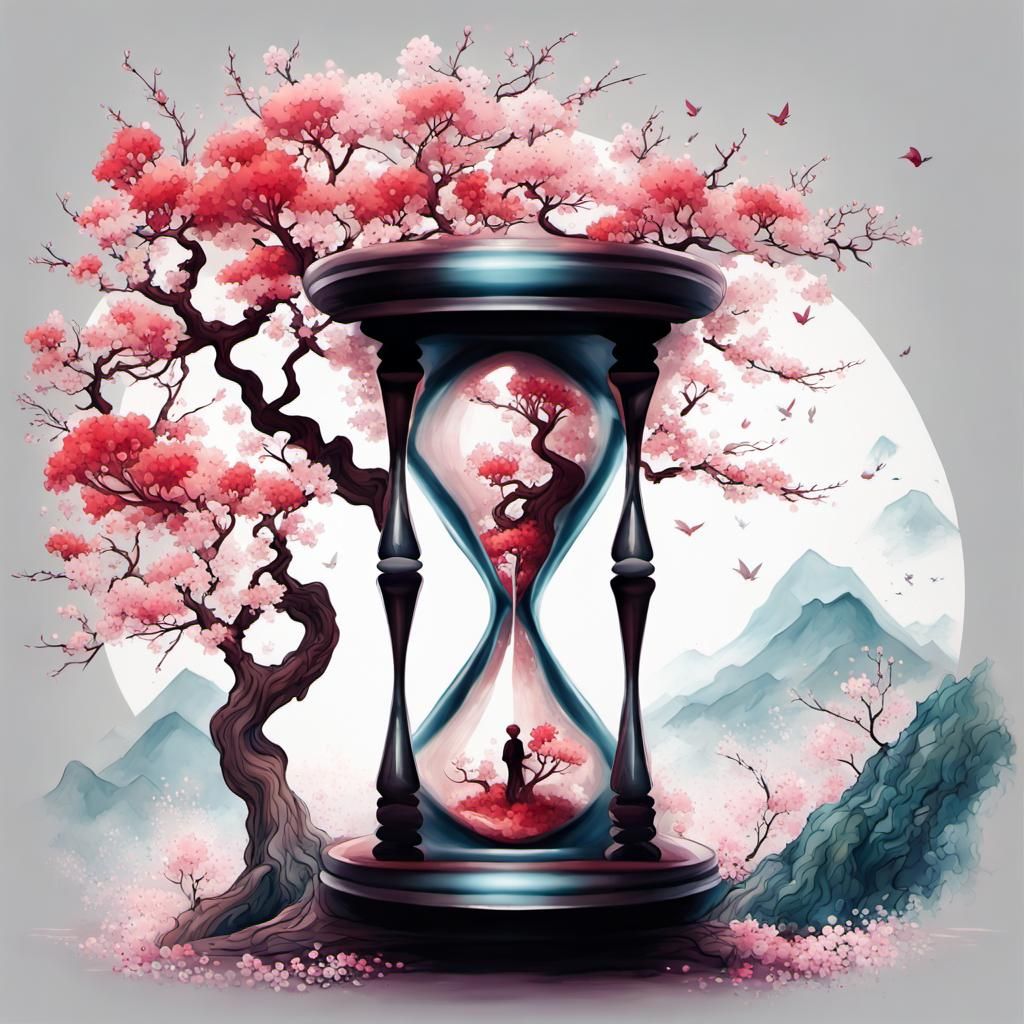 Fantasycore Japanese Scene with Hourglass and Blossoms