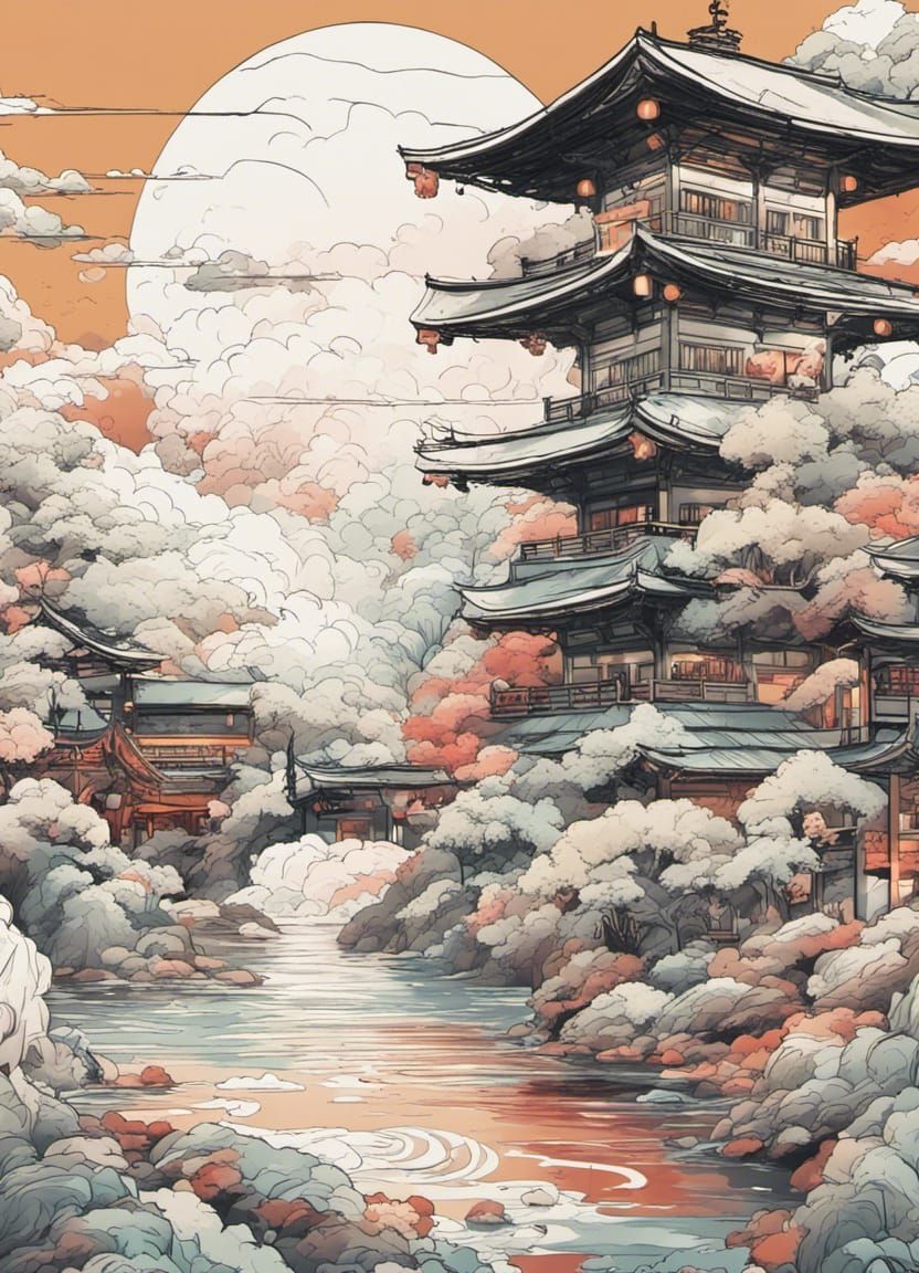 Simple line art of a japanese scene