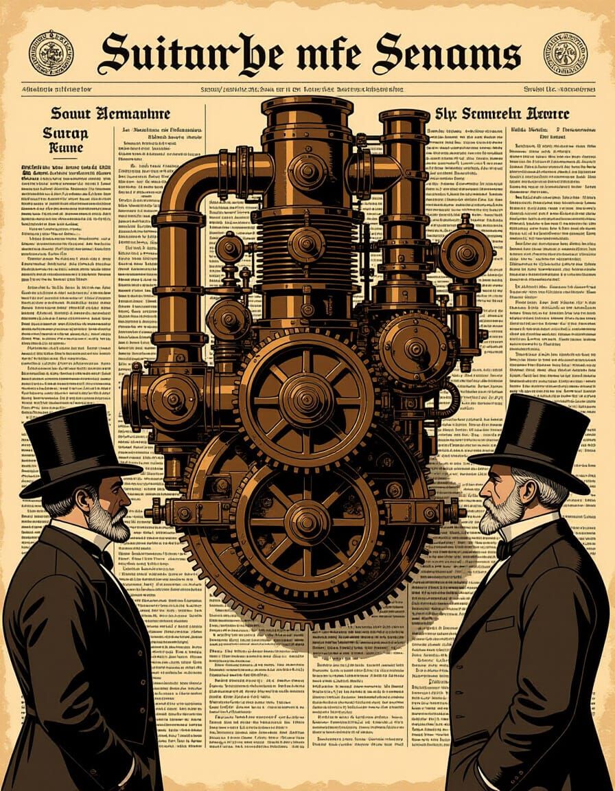 Steampunk Engine in Antique Newspaper Illustration Style
