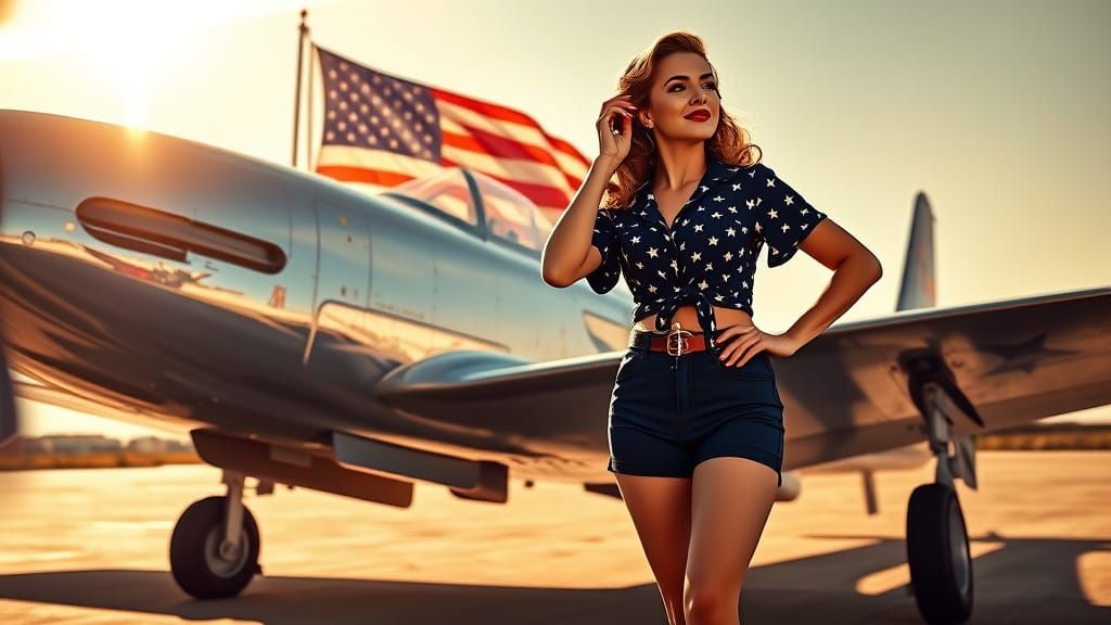 1940s Pin-Up Girl Beside Fighter Plane
