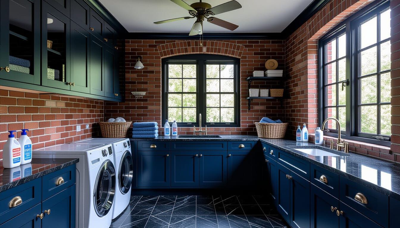 Victorian Laundry Room with Dark Blue and Brick Accents