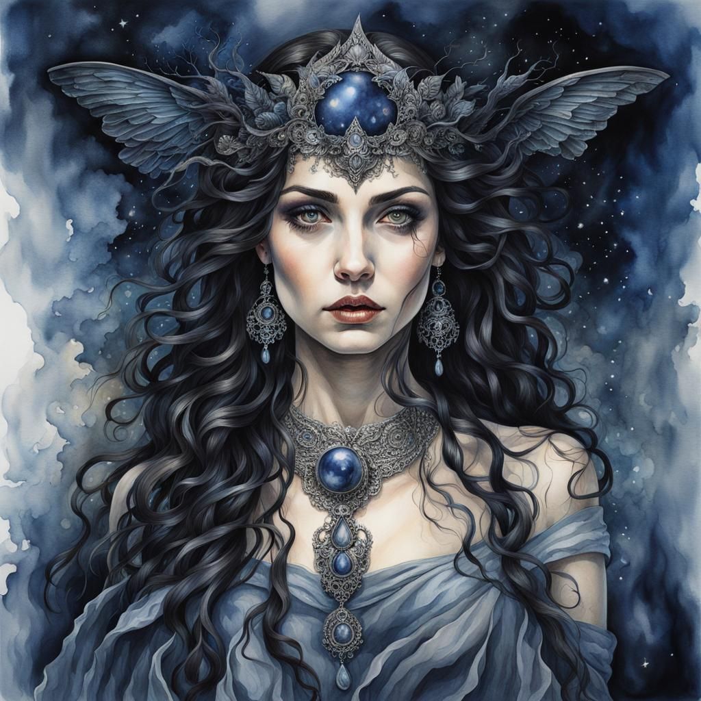 Goddess Nyx: Hyperrealistic Watercolor Painting of Night Dei...