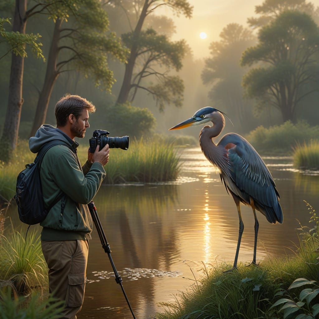 Photographer Captures Blue Heron: An Oil Painting