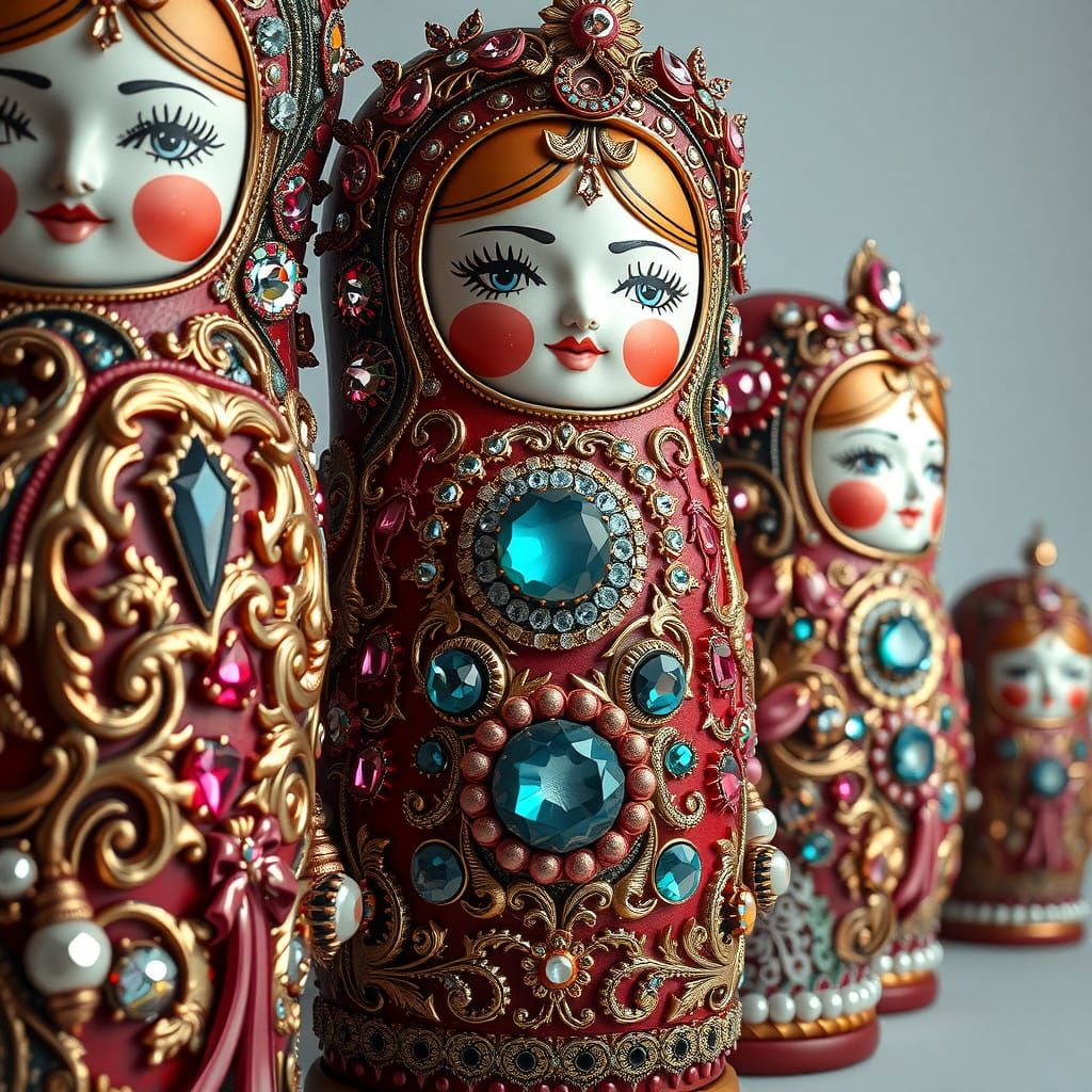 Luxurious Russian Dolls with Gemstone Encrustations in Hyper...