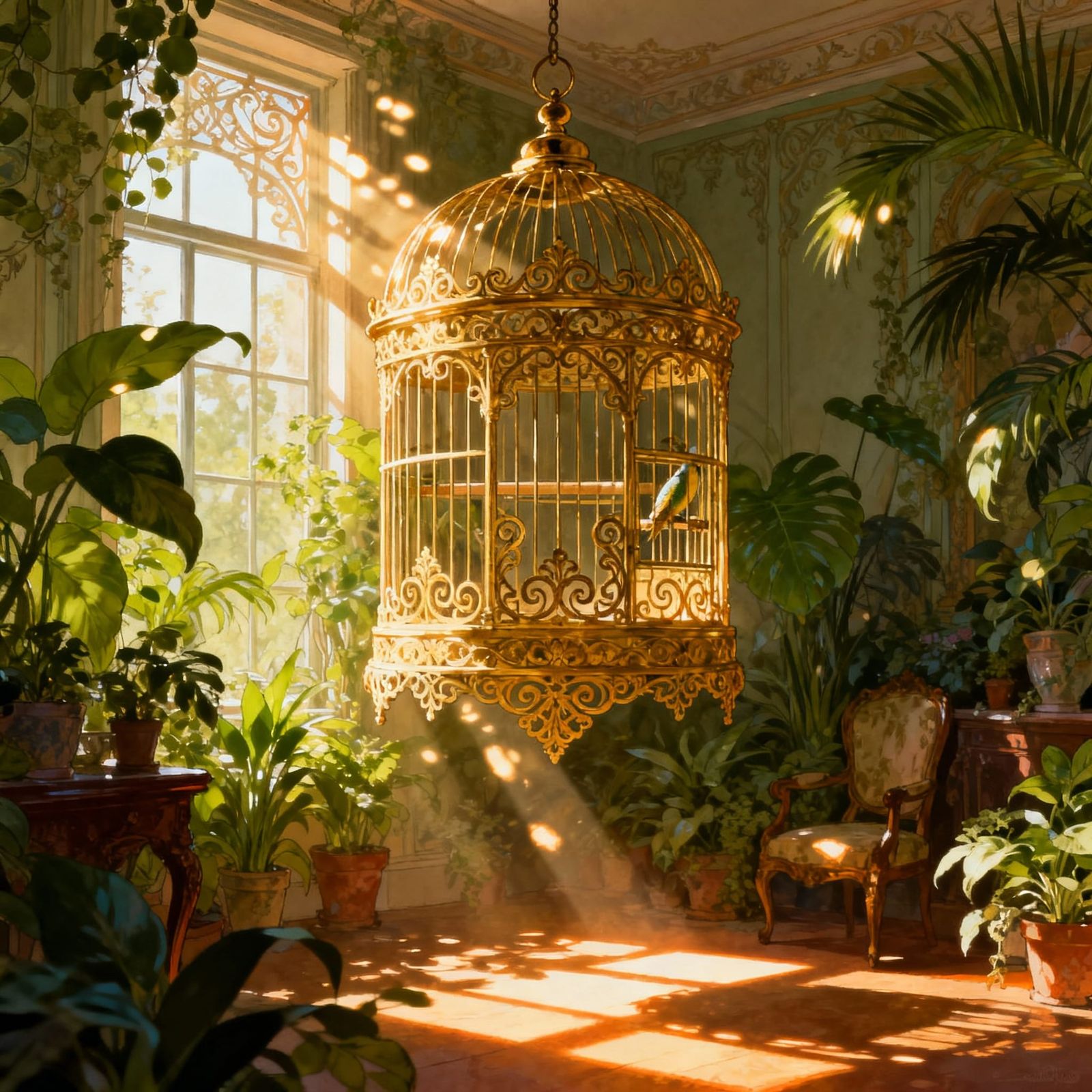 Ornate Golden Birdcage in Sunlit Room