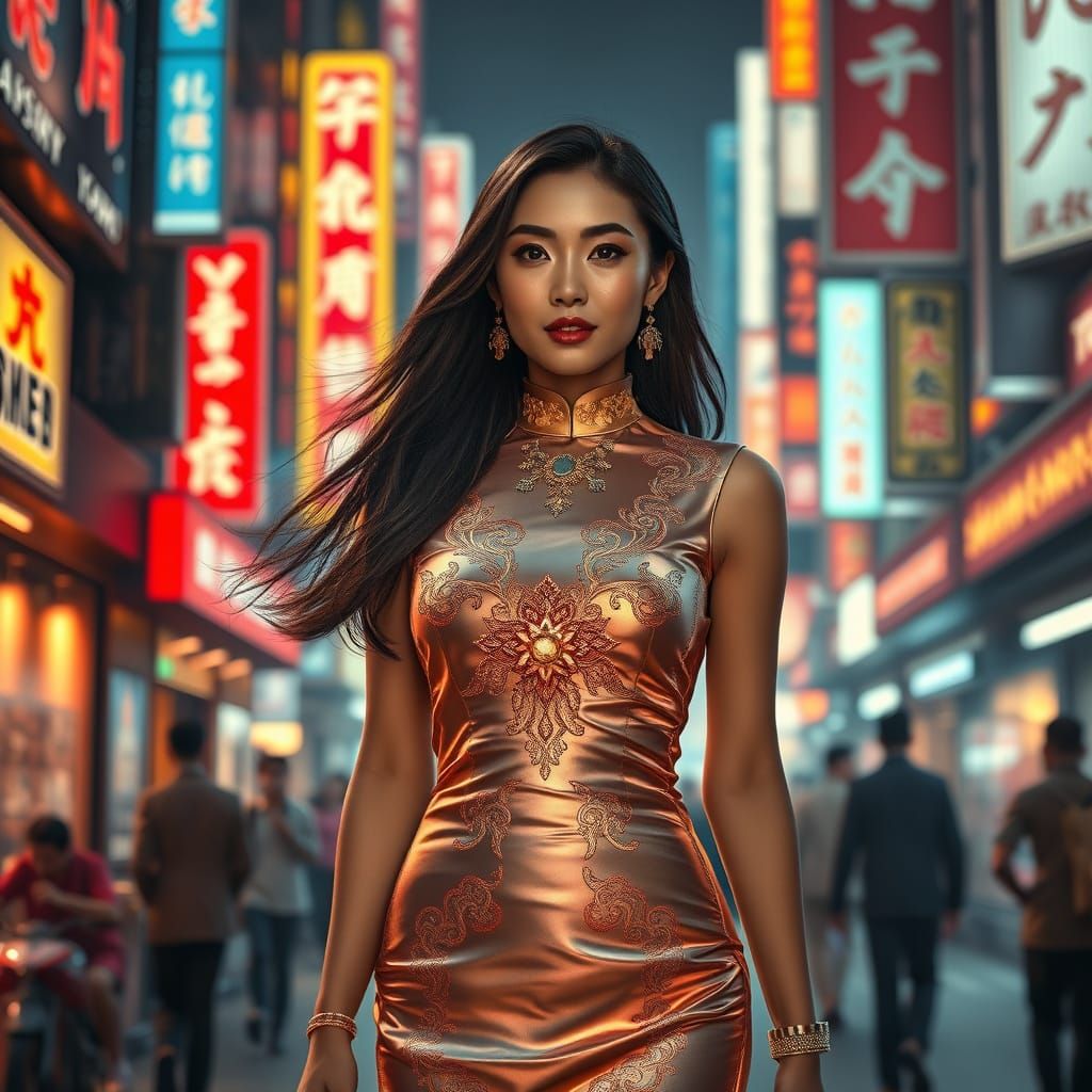 Chinese Woman in Neon Cityscape, Film Noir Style