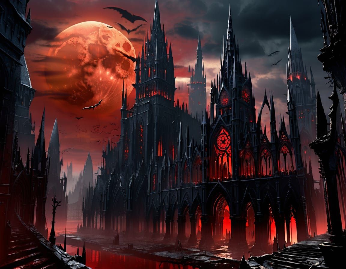 Gothic Cityscape Under Blood Moon in Dark Fantasy Style