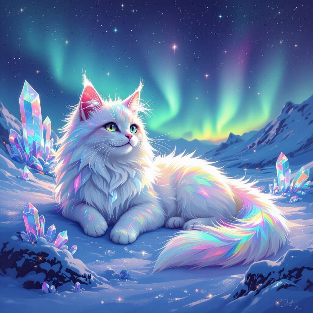 Iridescent Cat-Dragon in Aurora Borealis Landscape