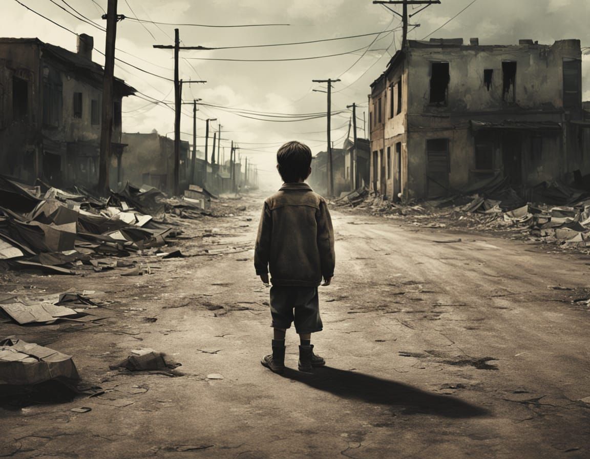 Desolate Children in War-Torn Street: A Social Realism Oil P...