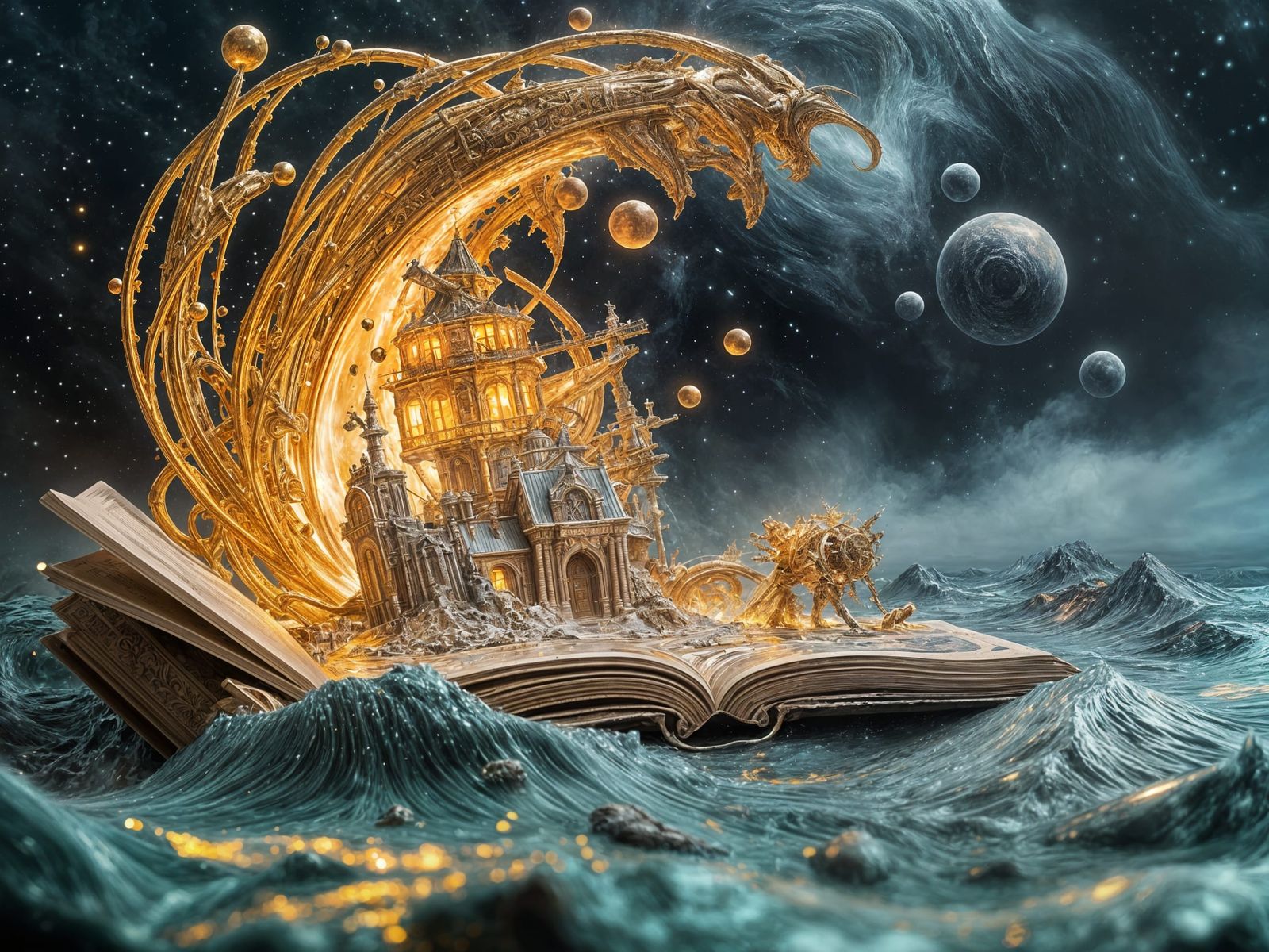 Golden Galleon Sailing Through Silver Galaxy Planets Oil Pai...