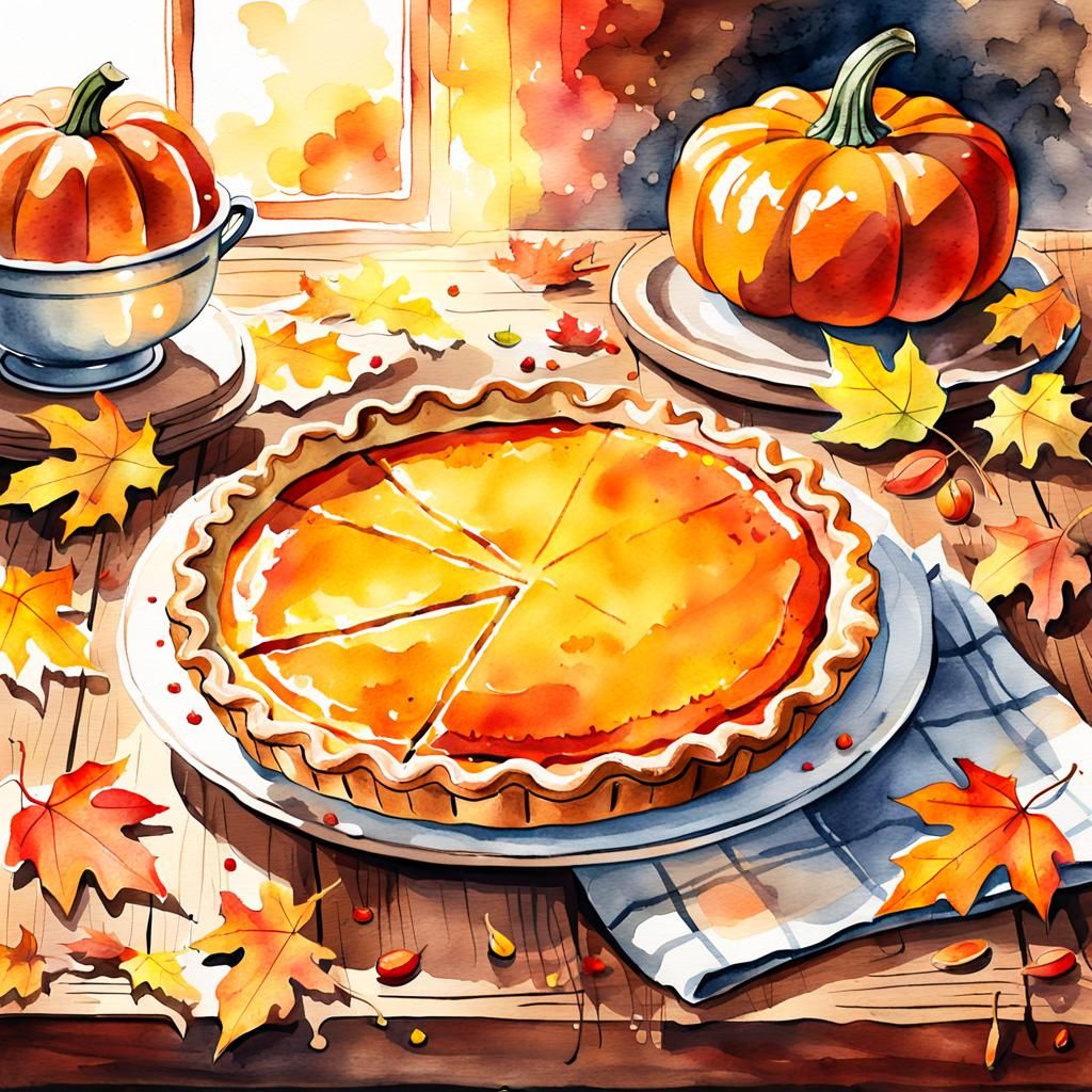Steaming Pumpkin Pie Illustration in Watercolor Style