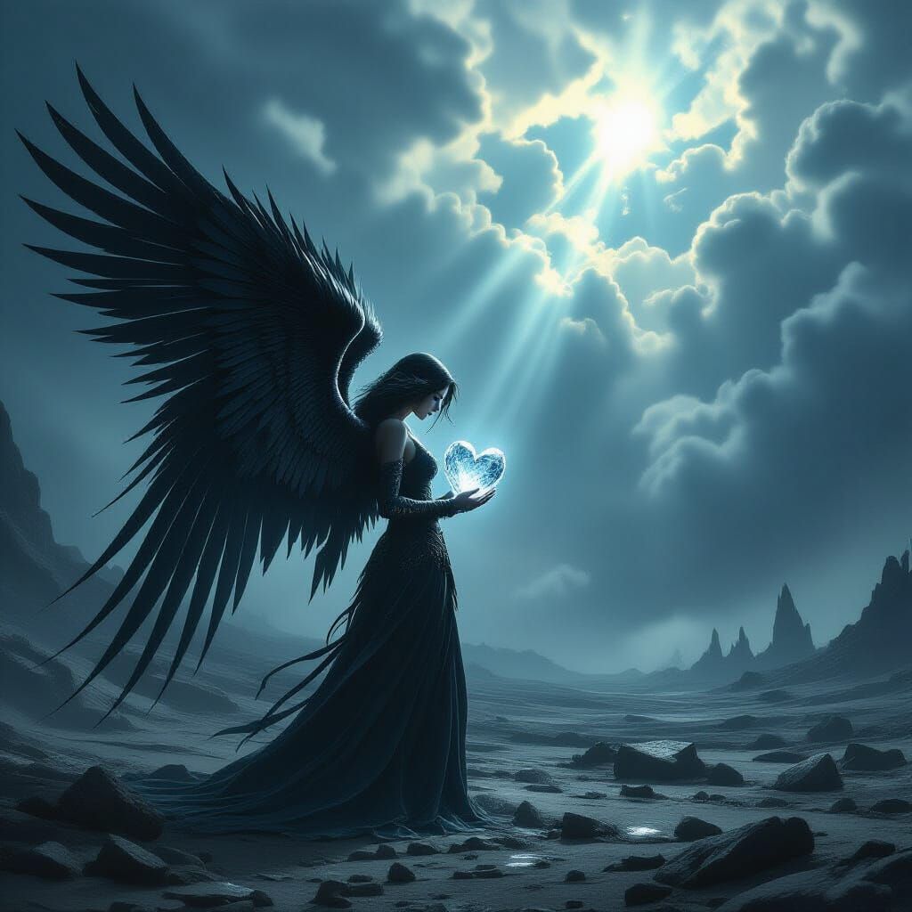 Angel With Obsidian Wings on Battlefield, Dark Fantasy Art
