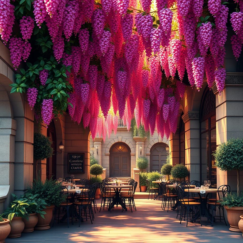An Italian outdoor cafe with wisteria