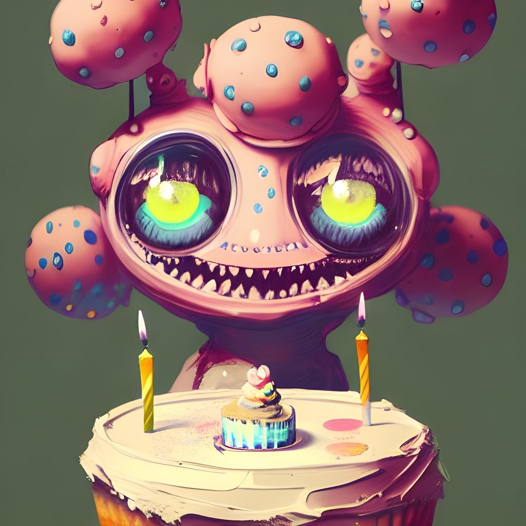 Cute Birthday Cake Creature Digital Illustration