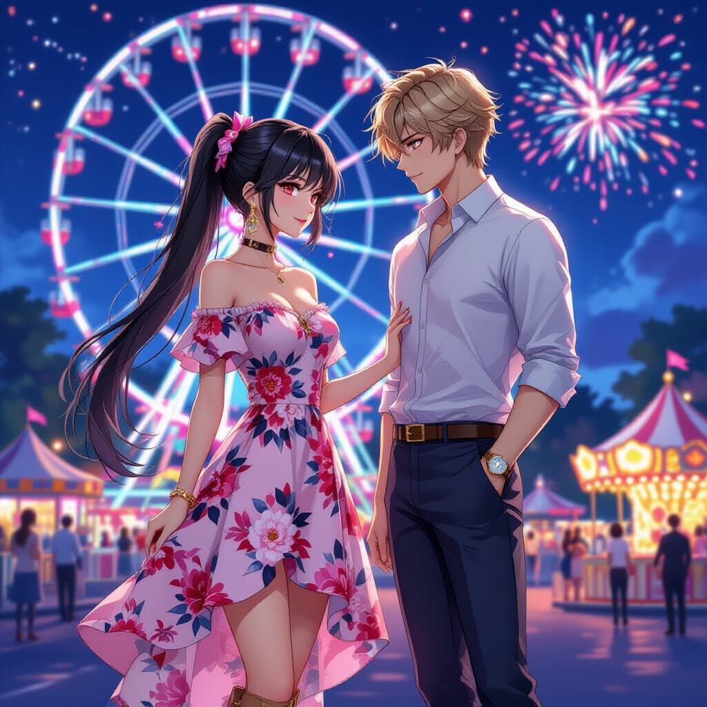 Anime Couple at Night Carnival in 3D Style