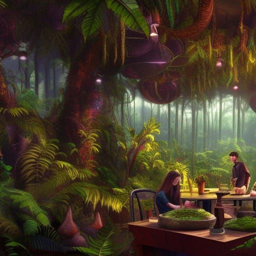 Lush Jungle Coffee Shop: Detailed Matte Painting