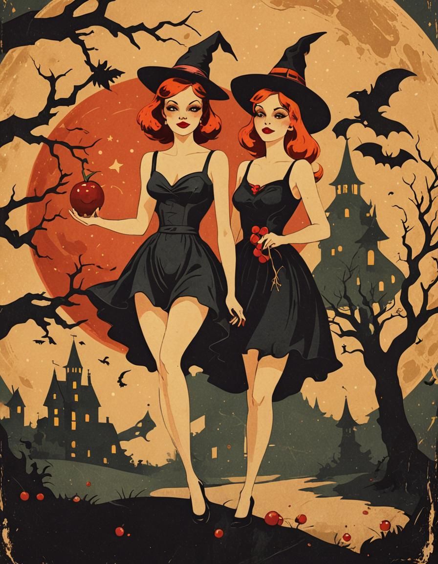 Retro Halloween Party Invitation with Cherry Moon