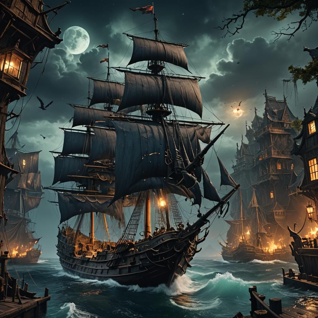 The Flying Dutchman at Night: Detailed Matte Painting