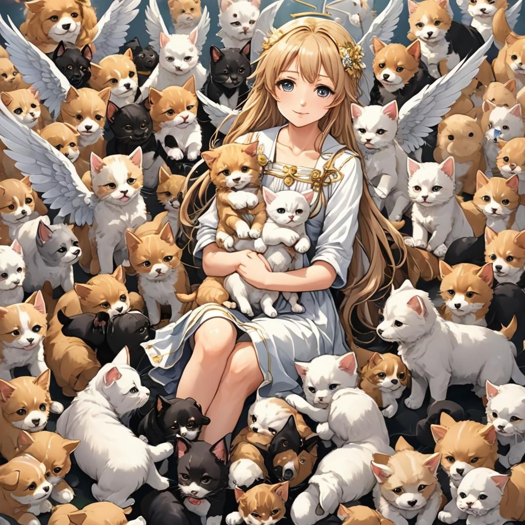 Anime Angel with Puppies and Kittens