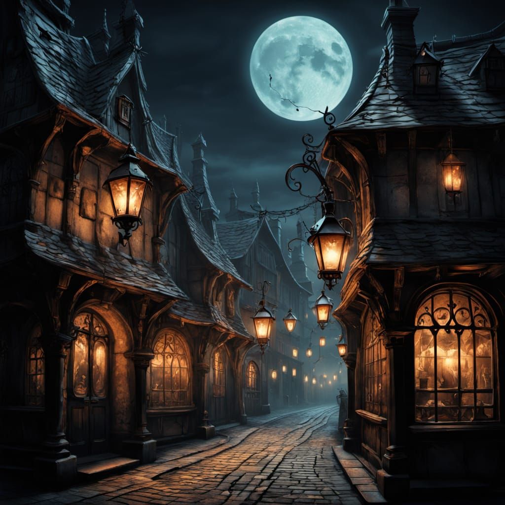 Gothic Tavern in Medieval Alley at Night