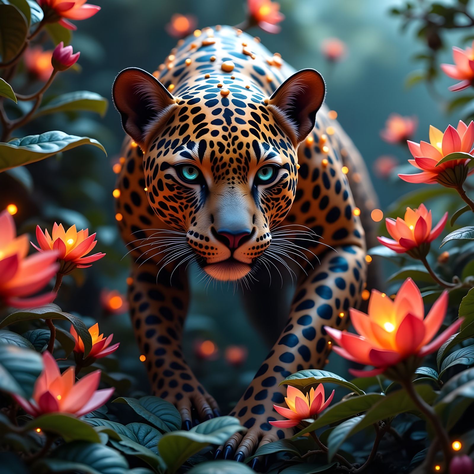 Jaguar in Vibrant Hyperrealistic Fauna Scene