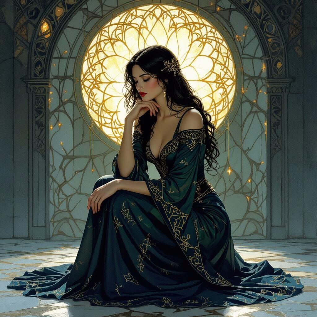 Captivating Woman in Glimmering Gown with Spiderweb Motifs