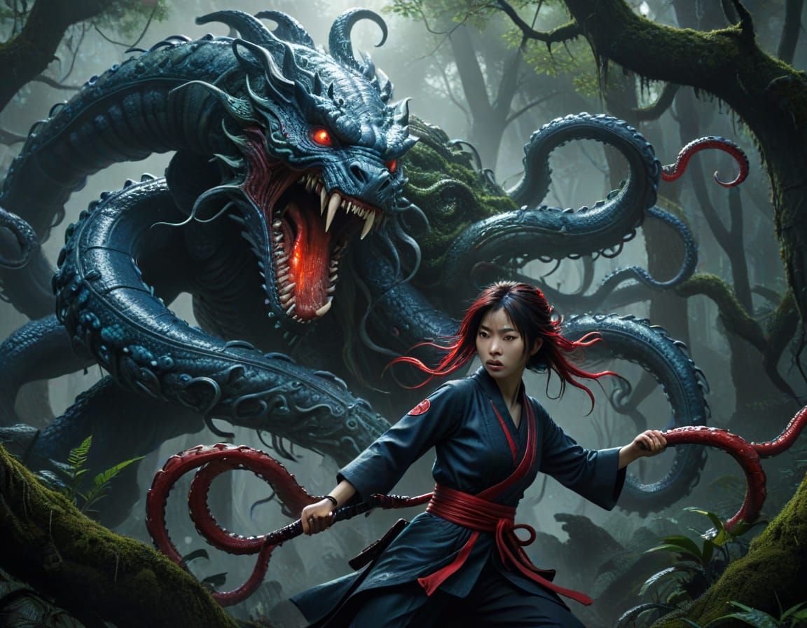 Kunoichi vs Tentacle Monster in Digital Art Style