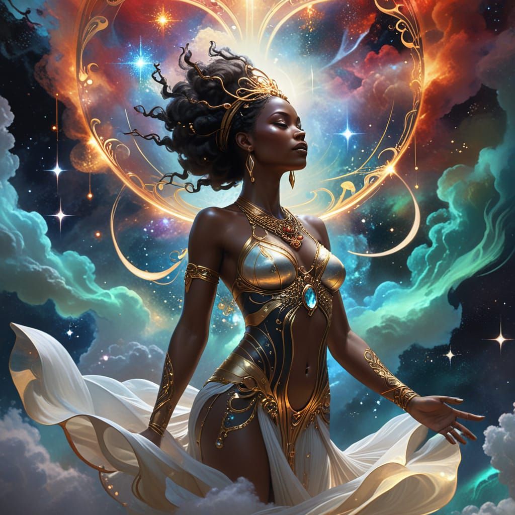 African Goddess Conducting Aurora in Art Nouveau Style