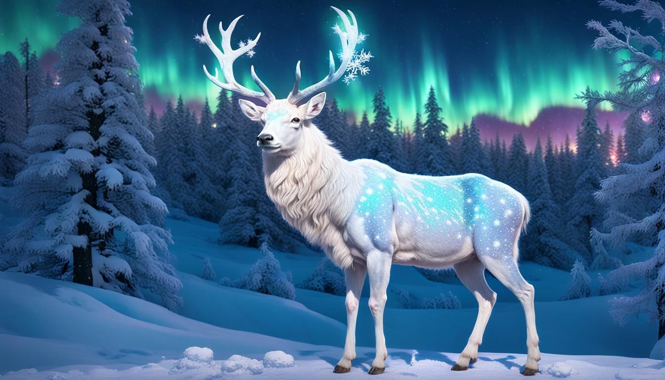 Albino Stag in Aurora Borealis Landscape: Digital Art