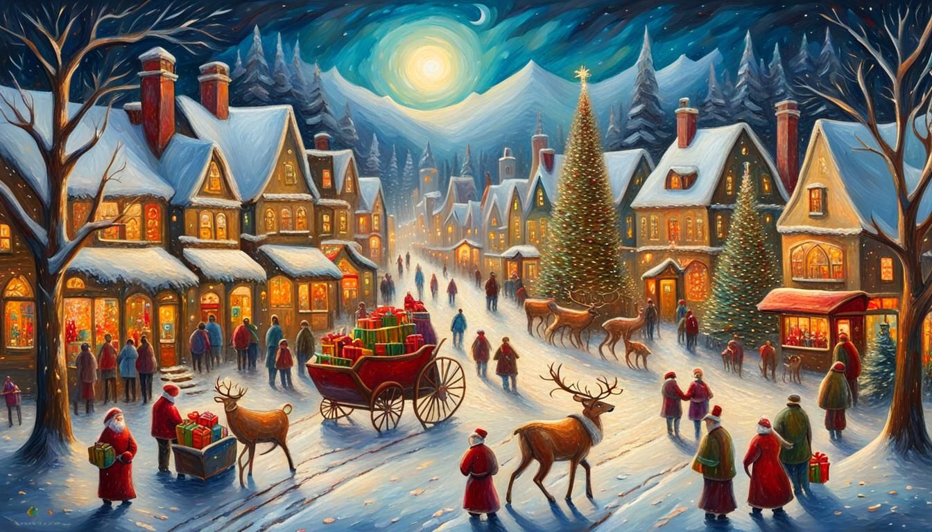 Dickensian Christmas Village in Expressionist Impasto Style