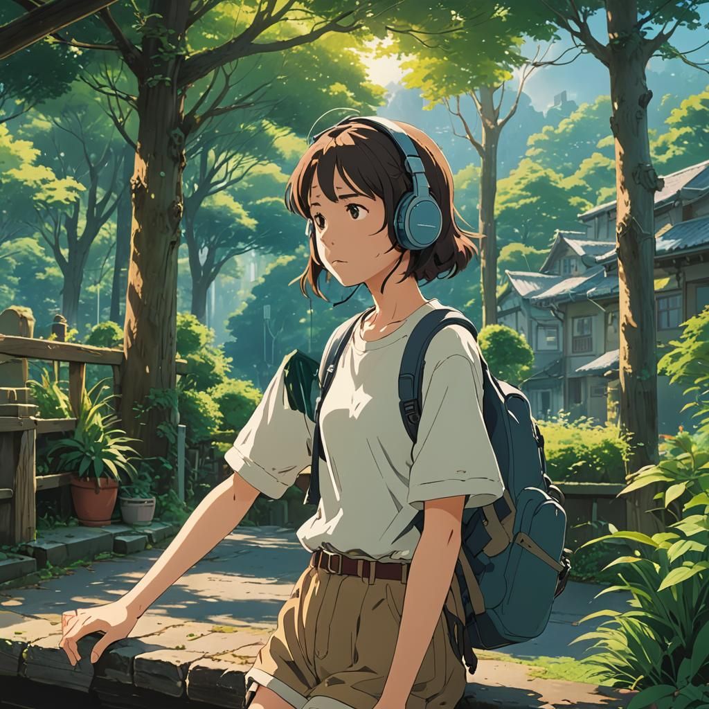 Girl with Headphones in Studio Ghibli Style
