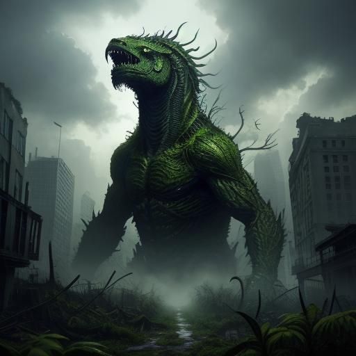 Biollante Kaiju Roars in Ruined Cityscape: Digital Art