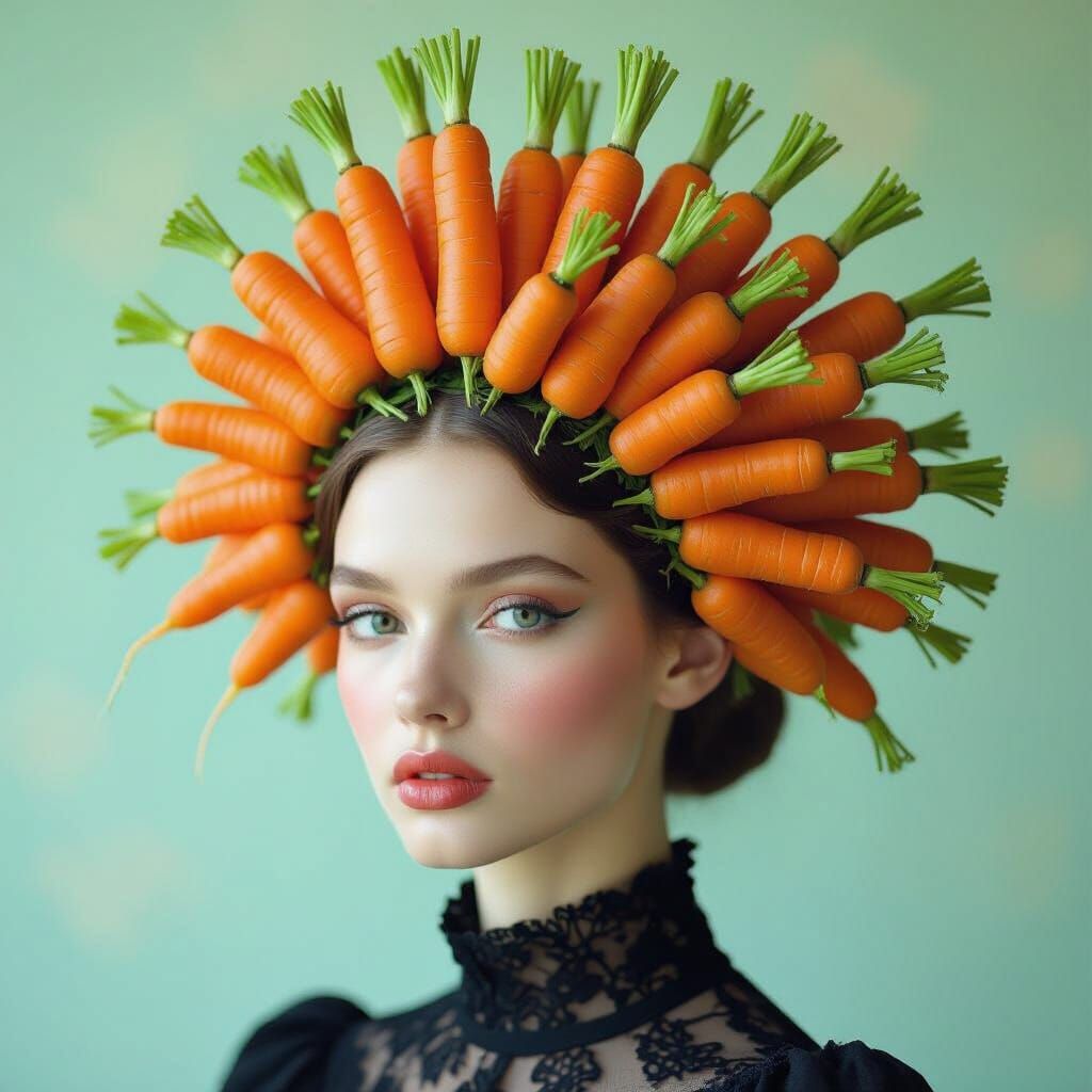 Dreamy Portrait of a Woman with a Carrot Headpiece