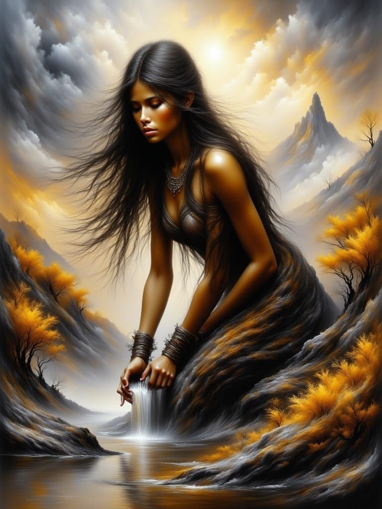 Ogalala Sioux Woman in a Serene Bucolic Scene