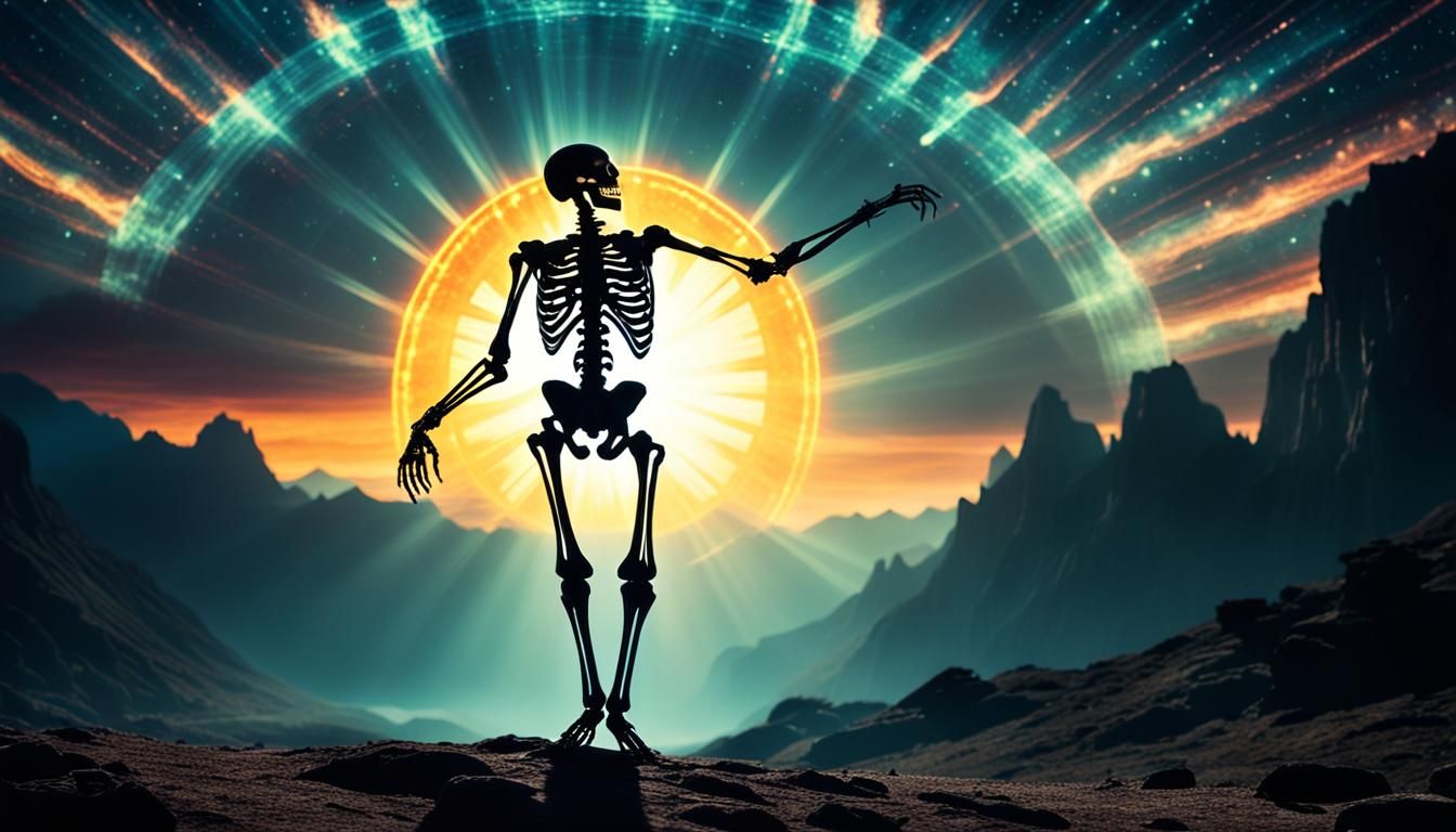 Skeleton Dancer Silhouetted Against Cosmic Sun