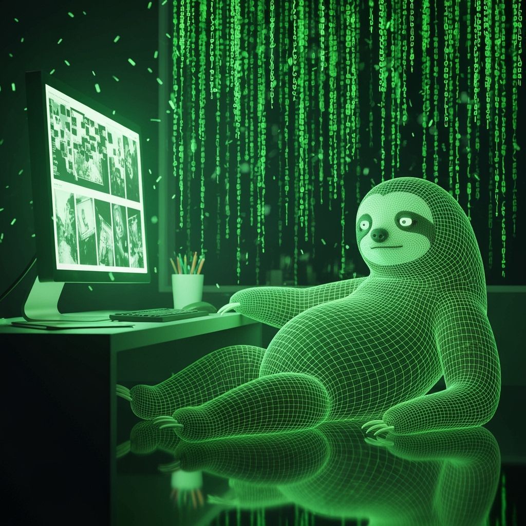 Cyberpunk Sloth in Futuristic Workspace Digital Art