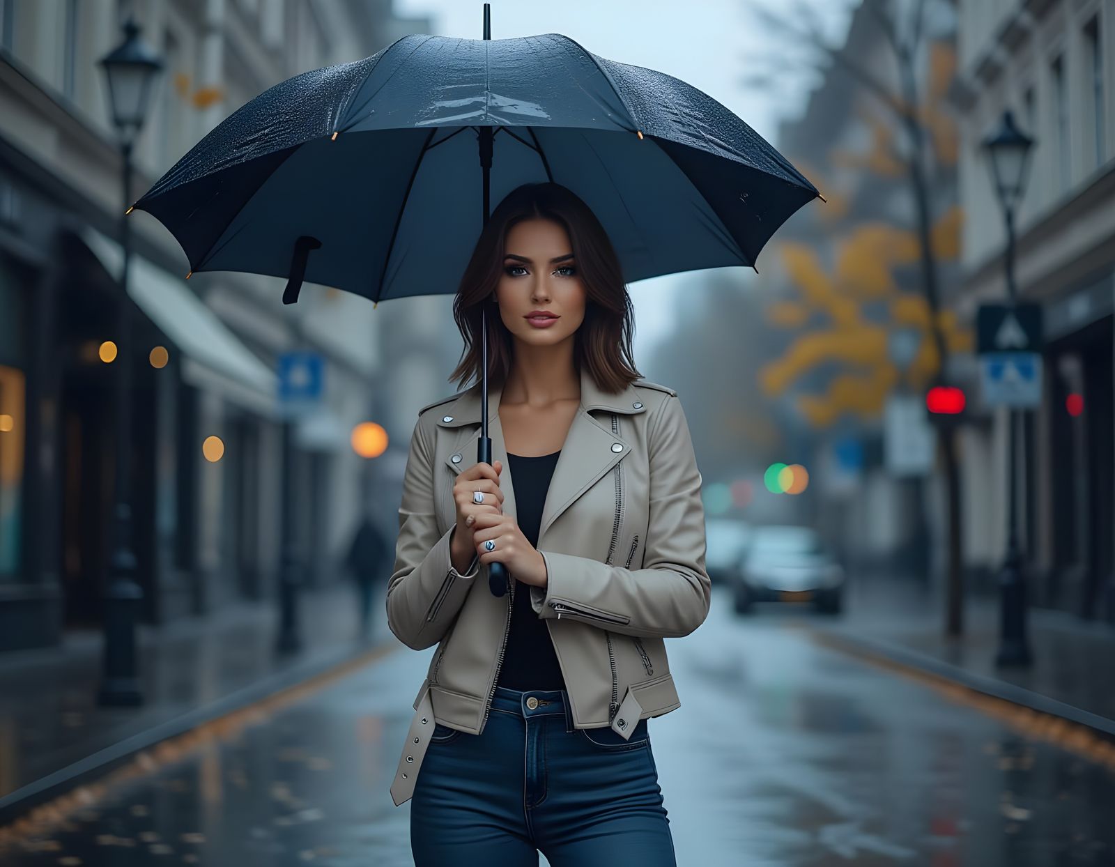Rainy Autumn Woman in Gloomy Cityscape