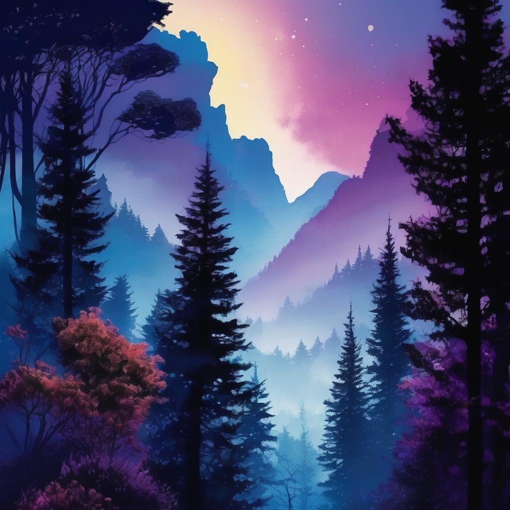 Enchanted Twilight Forest Landscape in Watercolour Style
