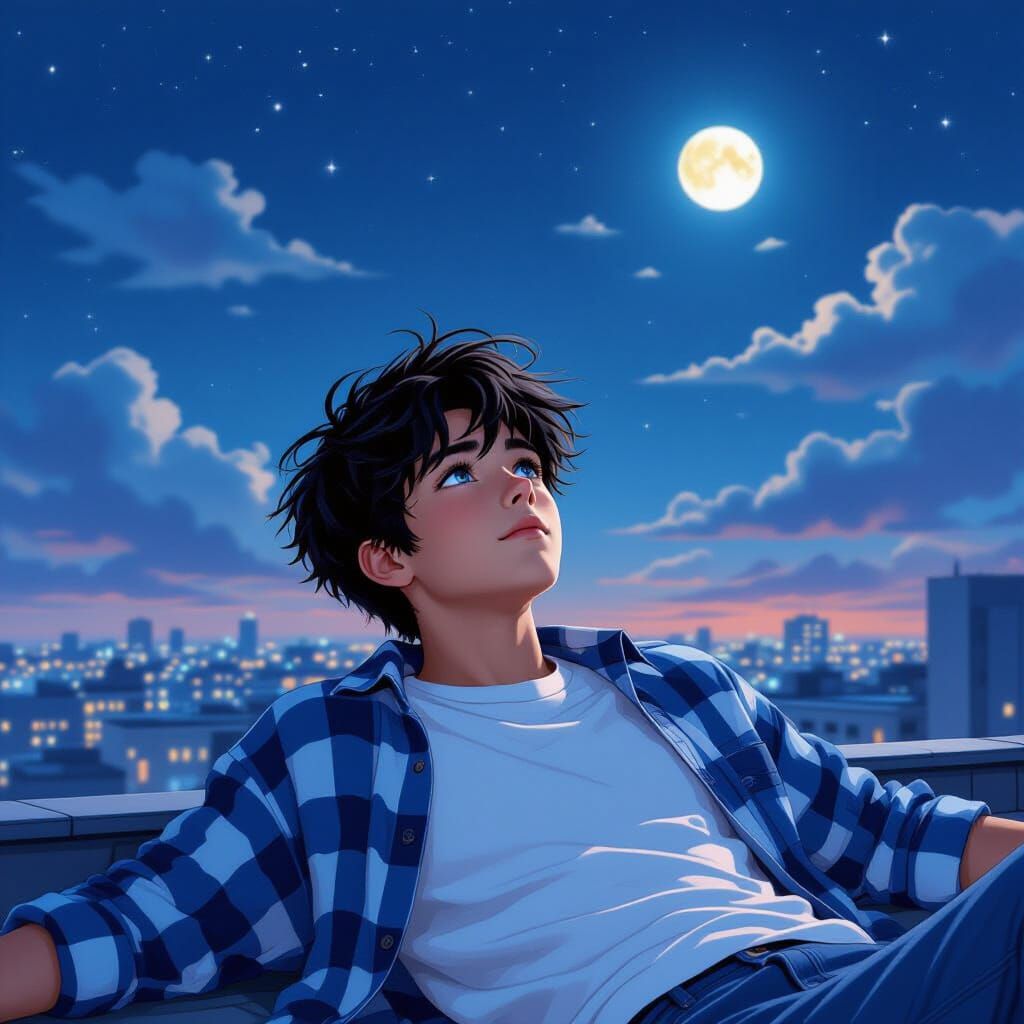 Teenager Gazing at Night Sky in Digital Art Style