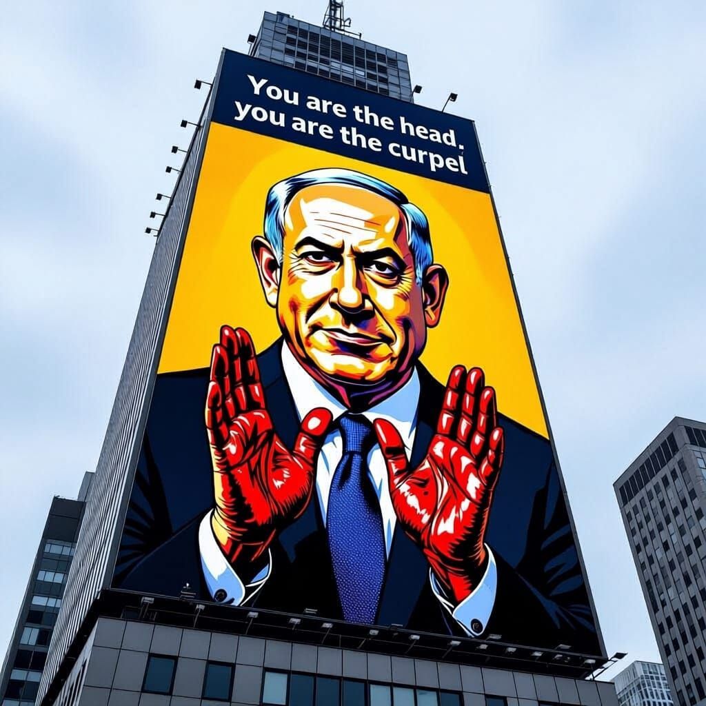 Bibi Netanyahu Compin Sign With Bloodied Hands
