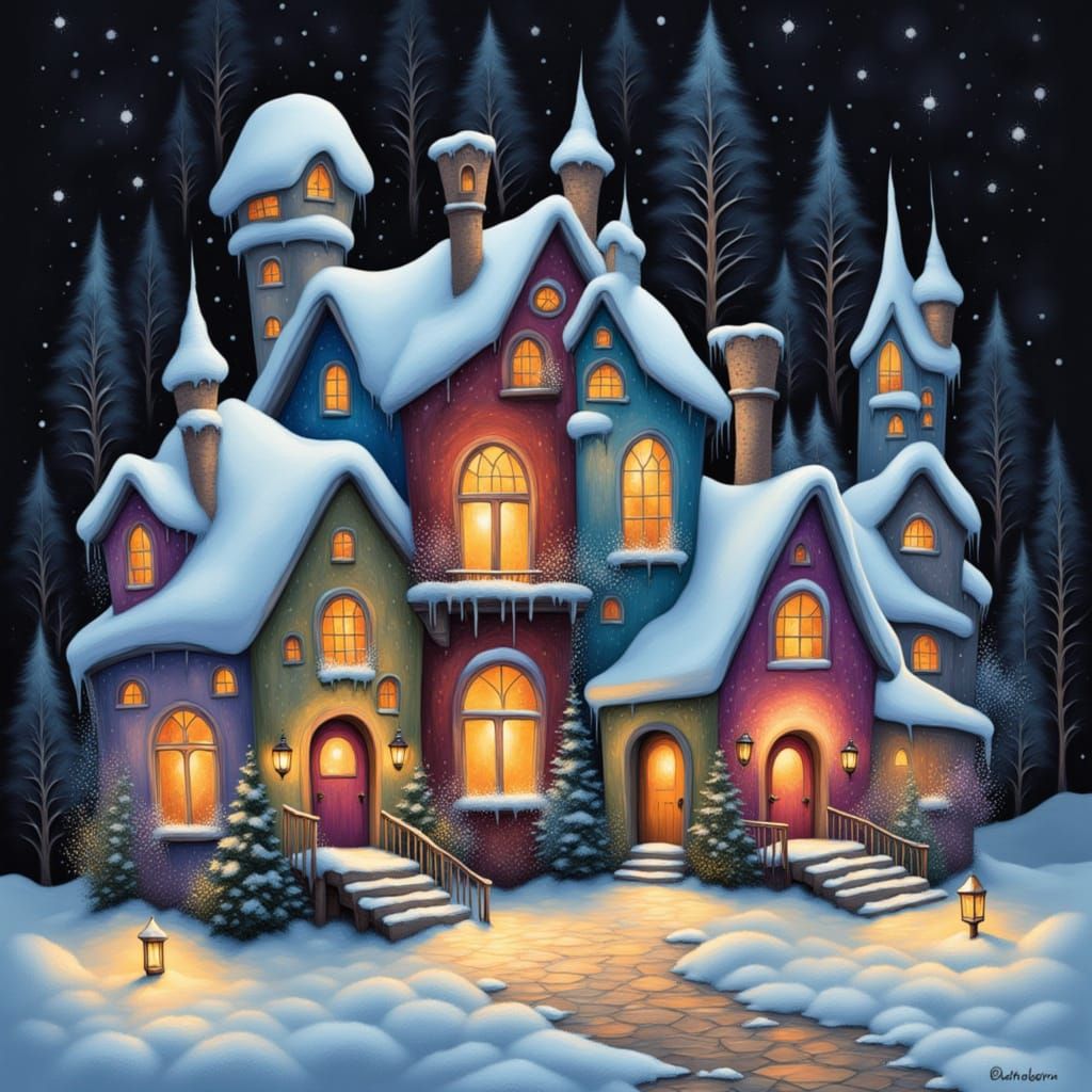 Whimsical Fantasy Houses in Gentle Snowfall