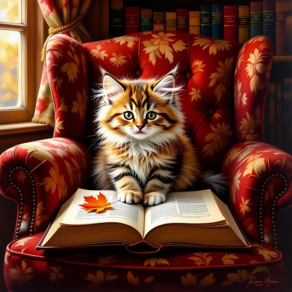 Kitten Reading on Red Armchair, Rembrandt Style