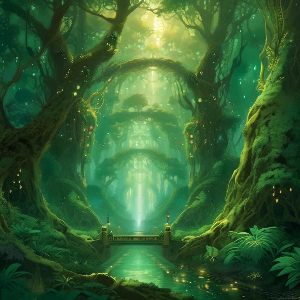 Enchanted Emerald Forest with Luminous Pathway