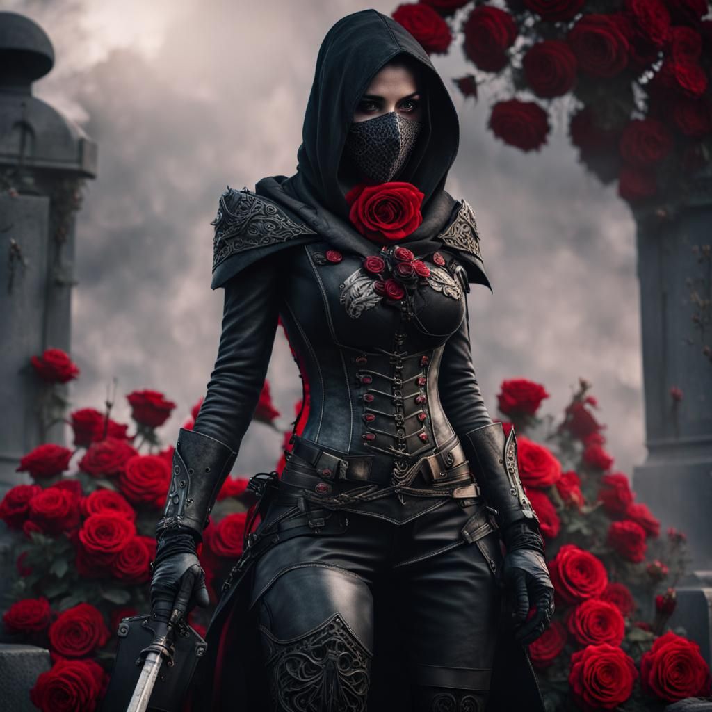 Beautiful gothic assassin wearing black leather armor with red roses