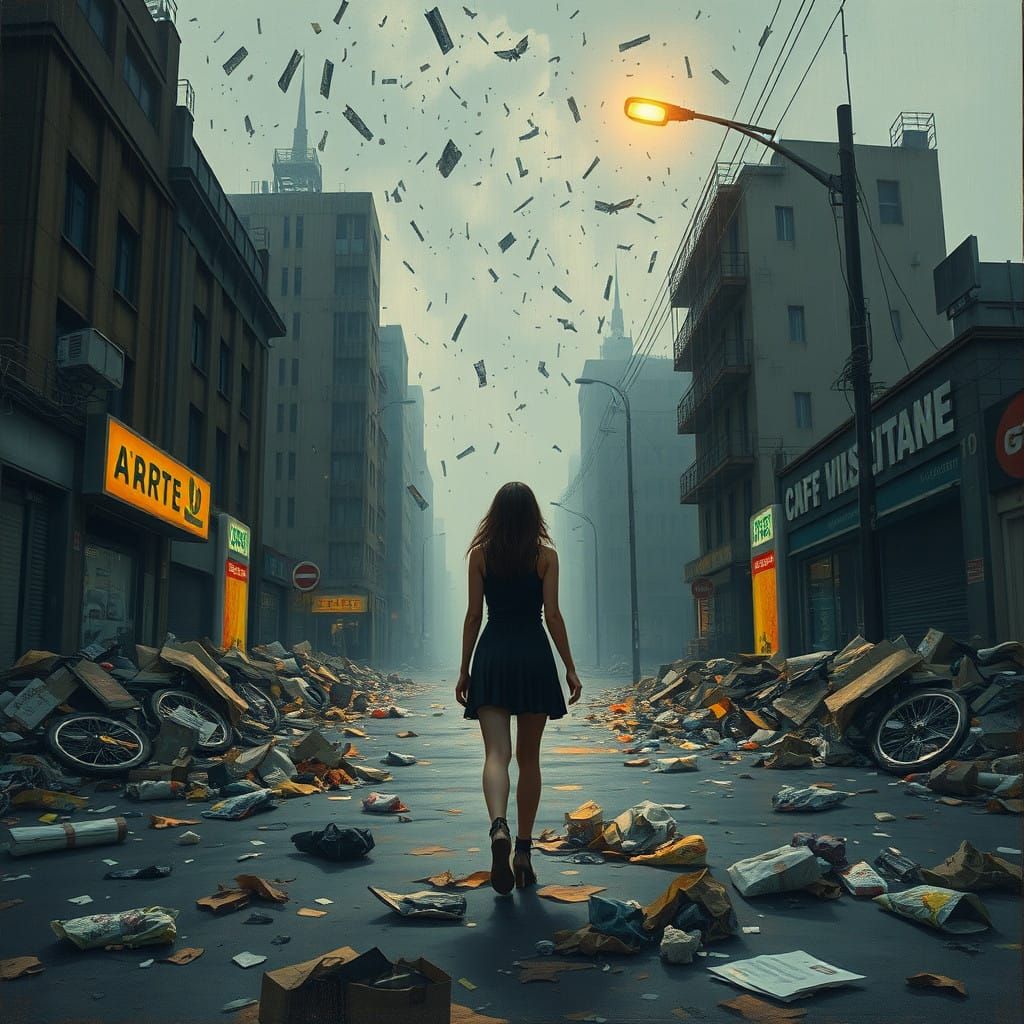 Dystopian Cityscape Under Trash Storm