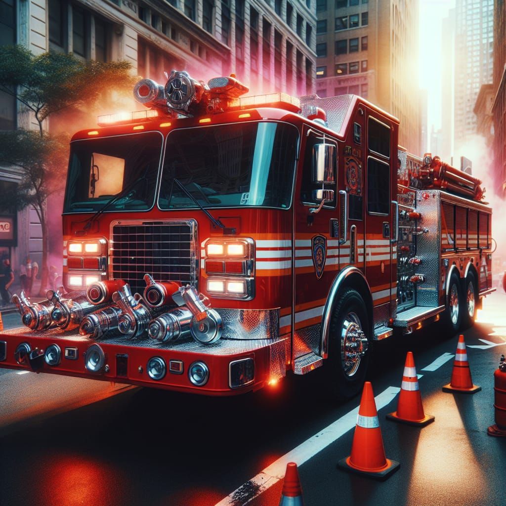 Red Fire Engine on City Street