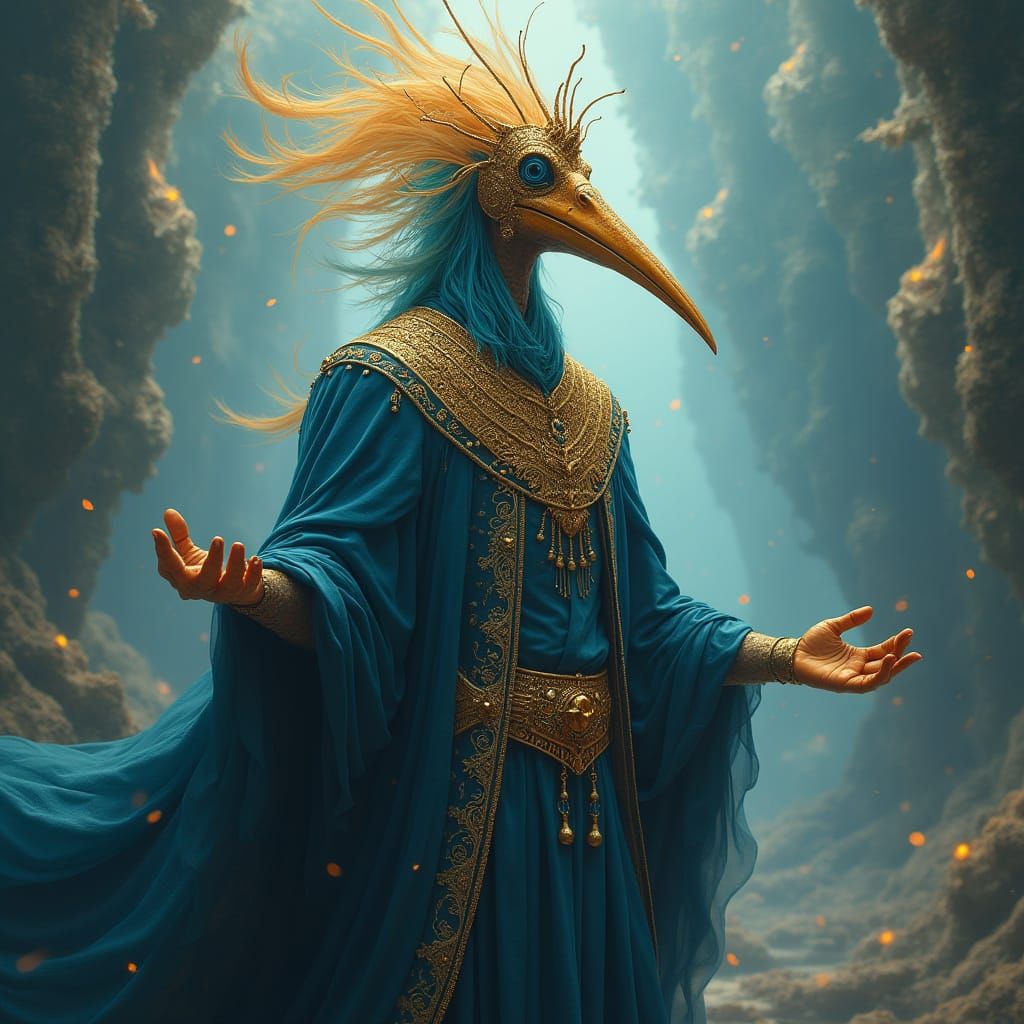 Regal Ibis God in Ethereal, Crystal Landscape