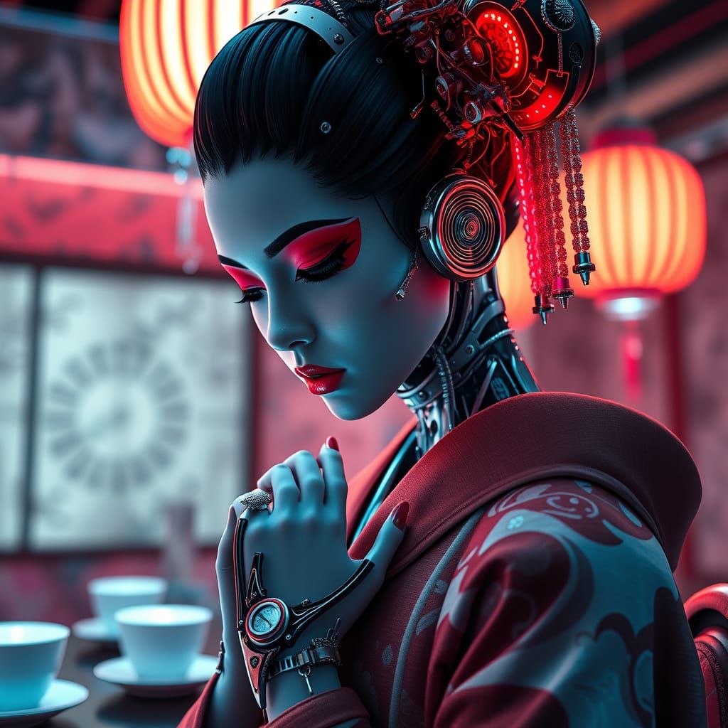 Cyborg Geisha Bowing in Neon Tea Room