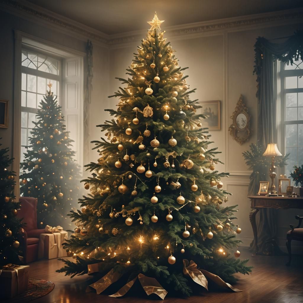 Lavish Christmas Tree in Foggy Room: Hyperrealistic Art